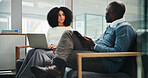 Conversation, laptop and business people in office lobby with planning for company budget. Discussion, computer and financial manager with investor client for investment proposal in workplace.