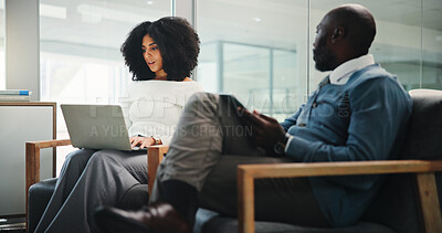 Buy stock photo Lobby, laptop and business people in office on tablet for online news, research and team discussion. Collaboration, corporate and woman with man on tech in meeting for website, proposal and planning