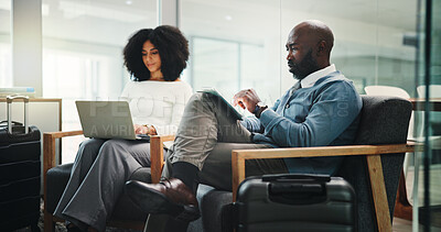 Buy stock photo Airport, people and tablet for business trip, communication or discussion for travel plans or chat. Contact, employee and person with luggage for journey, notification or waiting for flight in lounge