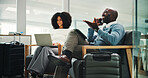 Airport, happy man and phone call for business trip, communication or discussion for travel plans or chat. Smile, employee and person with luggage for journey, talking or waiting for flight in lounge