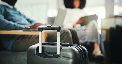 Buy stock photo Luggage, airport and waiting room with people for travel, commute and immigration. Suitcase, baggage and departure lounge at airline for trip, international flight and global journey for business