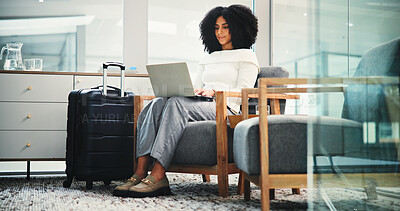 Buy stock photo Airport, woman and laptop for business trip, communication or email for travel plans research. Happy, employee and person with luggage for journey, networking and waiting for flight in lounge