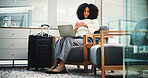 Airport, woman and check watch for business trip, communication or email for travel plans research. Laptop, employee and person with luggage for journey, networking and waiting for flight in lounge