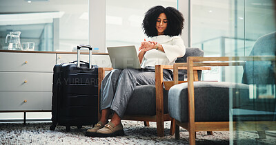 Buy stock photo Airport, woman and check watch for business trip, communication or email for travel plans research. Laptop, employee and person with luggage for journey, networking and waiting for flight in lounge