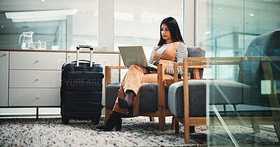 Buy stock photo Airport, woman and laptop for business trip, research or communication for online travel plans. Thinking, employee and person with luggage for journey, networking or waiting for flight in lounge