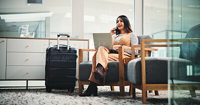 Buy stock photo Phone call, suitcase and businesswoman with laptop in office with online check in for work trip. Computer, cellphone and female financial manager on mobile discussion for negotiation with luggage.