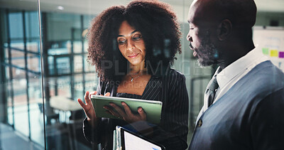 Buy stock photo Browsing, man and woman with tablet, office or research for ad campaign on web or digital marketing. Business, people and colleagues with tech for project, plan and serious for meeting and discussion