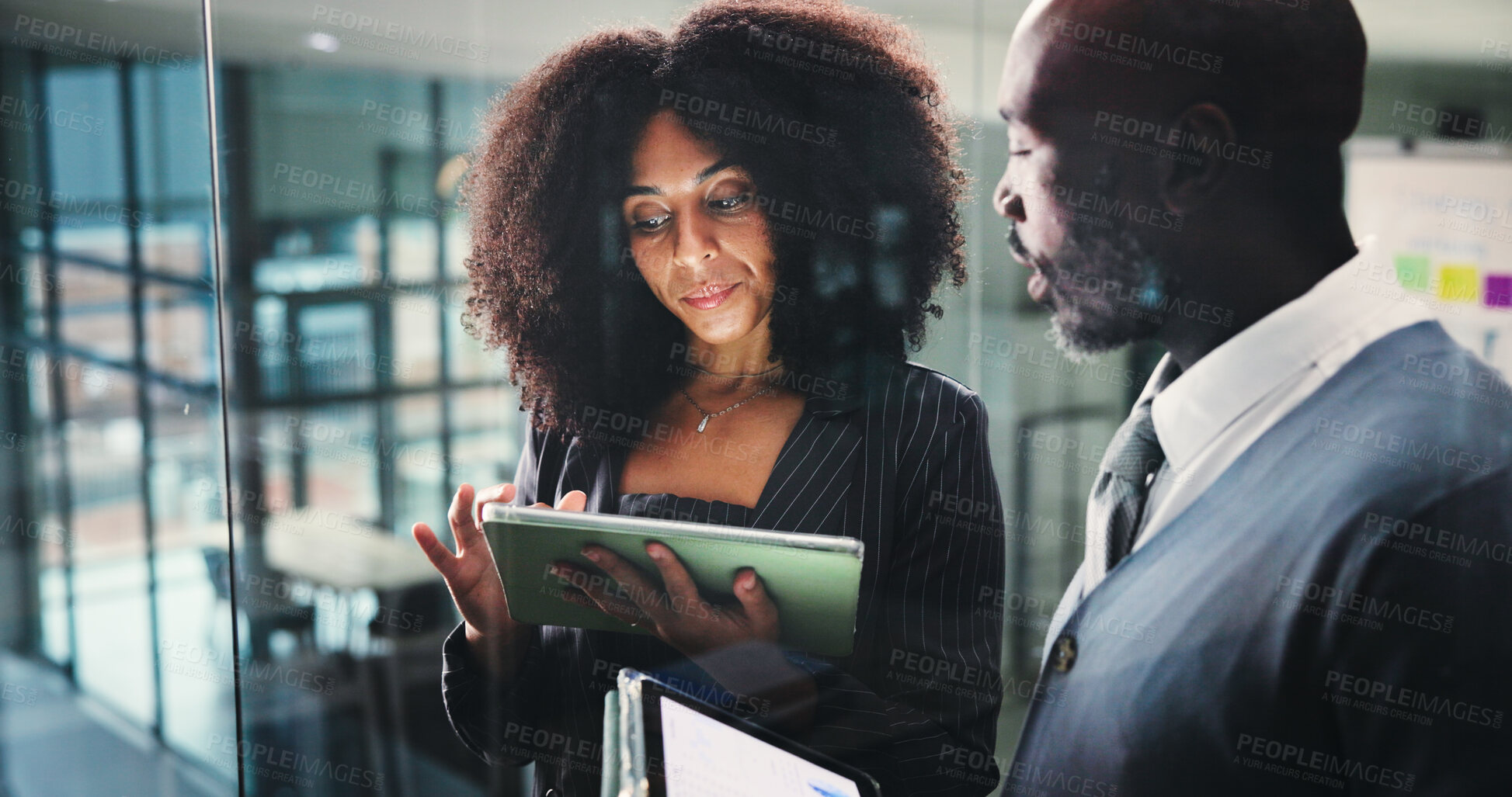 Buy stock photo Browsing, man and woman with tablet, office or research for ad campaign on web or digital marketing. Business, people and colleagues with tech for project, plan and serious for meeting and discussion