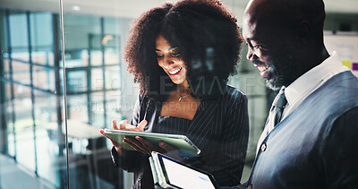 Buy stock photo Collaboration, online and people with tablet, office and planning for digital marketing and website. Research, team and colleagues with tech for campaign, browsing and strategy for project on app