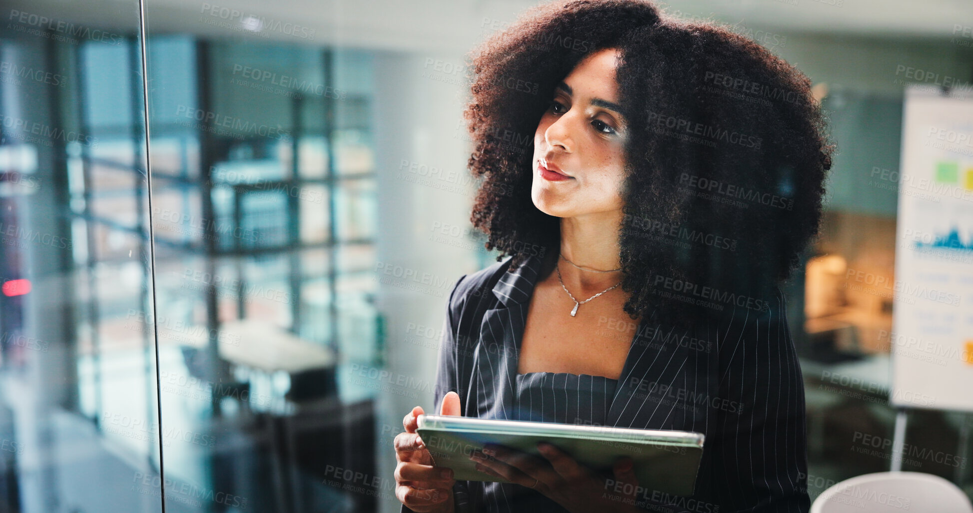 Buy stock photo Woman, tablet and thinking at office, board and problem solving with insight, decision or perspective. African person, accounting and tech with application, review and solution at financial agency