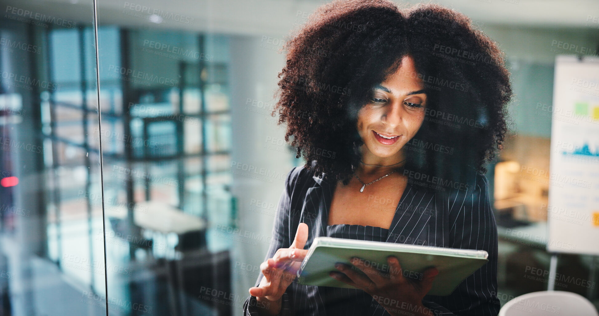 Buy stock photo Reading, business woman and tablet in office for investment report or trading. Technology, research and happy African worker with email for financial update, stock market and review project online