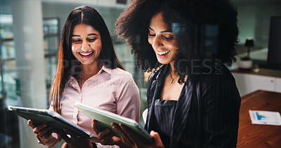 Buy stock photo Happy, collaboration and women with tablet, business and planning for digital marketing or research. Office, people and colleagues with tech for campaign, browsing and smile for ad performance on web