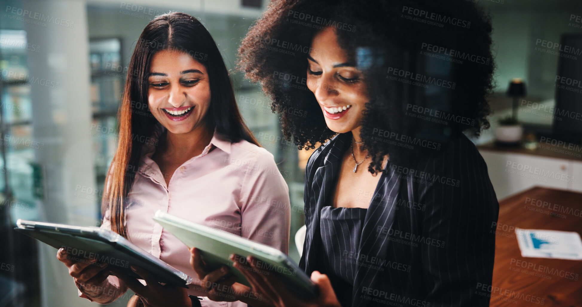 Buy stock photo Happy, collaboration and women with tablet, business and planning for digital marketing or research. Office, people and colleagues with tech for campaign, browsing and smile for ad performance on web