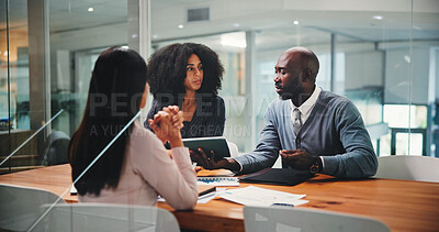 Buy stock photo People, listening and meeting on tablet in office for feedback, finance results and budget review. Staff, team and digital for financial report, profit growth and revenue update of company investment