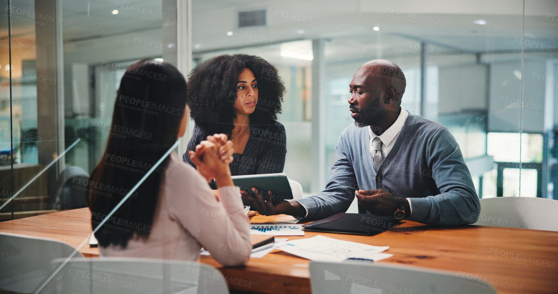 Buy stock photo People, listening and meeting on tablet in office for feedback, finance results and budget review. Staff, team and digital for financial report, profit growth and revenue update of company investment