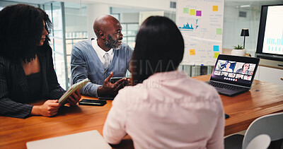 Buy stock photo Boardroom, colleagues and group with laptop, video call or communication with client for investment. Business, meeting and people with tablet for virtual conference, discussion and pitch of proposal