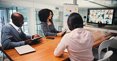 Buy stock photo Boardroom, colleagues and group with tech, video call and communication with clients for investment. Business, meeting and people with tablet for virtual conference, discussion and pitch of proposal