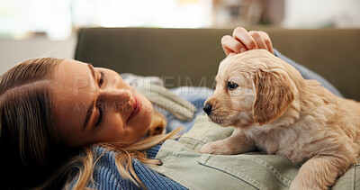 Buy stock photo Happy woman, relax and sofa with dog for animal welfare, healthcare or comfort in home shelter. Female person, pet owner and lying with labrador for cuddle, support or care together on couch in house
