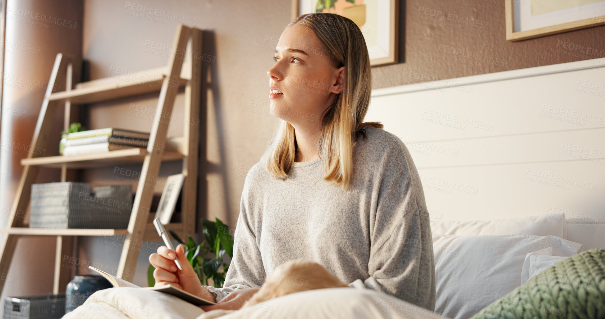 Buy stock photo Home, thinking and woman in bedroom, notebook and decision with mental health. Apartment, reflection and person with pen, choice and routine with journal, morning and contemplation with wonder