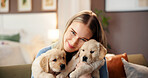 Portrait, hug and woman with puppies, home or bonding with domestic animal in living room and break. Confident, person and love for pets in lounge, canine or smile for dogs in house or embrace in USA