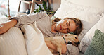 Woman, sleeping and puppy in home bedroom for rest, nap and relax with comfort and love of pet owner. Tired dog, animal and connection with companionship, security and dream on bed in apartment  