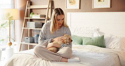 Buy stock photo Pet, woman and relax with puppy in bedroom for love, care and bonding together with companion. Girl, friends and stroke dog in bed at home for connection, animal adoption or rescue with labrador