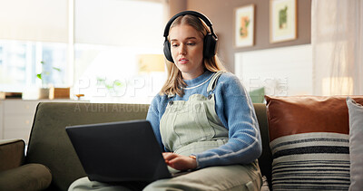 Buy stock photo Laptop, headphones and woman on sofa in home with freelance project for creative career with music. Audio tech, computer and female person listening to album for online review with blog in house.
