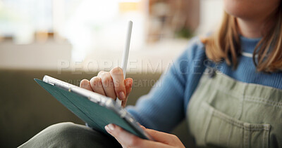 Buy stock photo Tablet, pen and hands of woman on sofa in home with art, creativity or project for university. Stylus, digital technology and female student with graphic design assignment for college in living room.