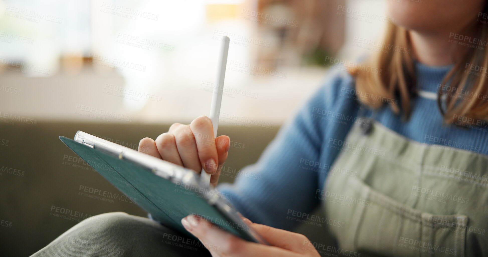 Buy stock photo Tablet, pen and hands of woman on sofa in home with art, creativity or project for university. Stylus, digital technology and female student with graphic design assignment for college in living room.
