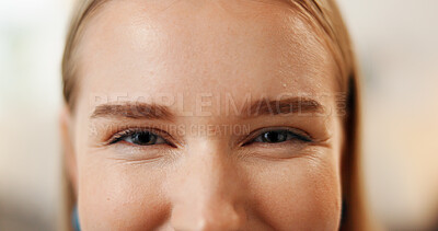 Buy stock photo Forehead, smile or closeup of woman with skincare for beauty, glow or smooth texture. Dermatology, portrait or face of happy female person in home for facial treatment, grooming routine or confidence