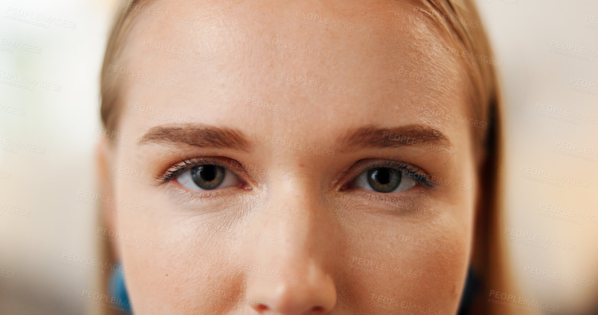 Buy stock photo Forehead, portrait and closeup of woman with skincare for beauty, glow or smooth texture. Dermatology, confident and face of female person in home for facial treatment, grooming and hygiene routine
