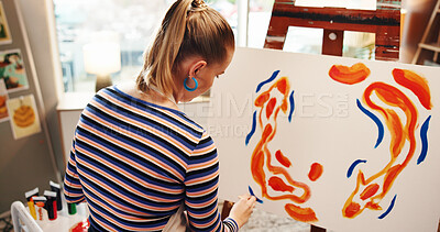Buy stock photo Painting, color and woman with canvas, studio or craft with creative for artwork, talent or project. Back, draw and person with skills for design, artist and painter with paintbrush for hobby in home