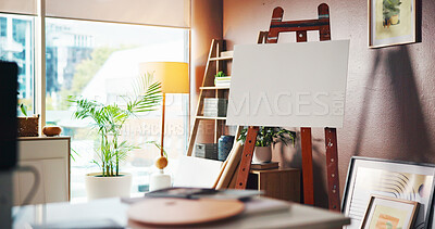 Buy stock photo Easel, canvas and painting equipment in studio for creative hobby, artwork creation or mockup space. Artist supplies, palette and tools in empty workshop for exhibition project, art process or design