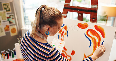 Buy stock photo Above, art and painting with woman in studio apartment for creative expression or illustration hobby. Back, easel and palette with painter in home for drawing, inspiration or picture on canvas