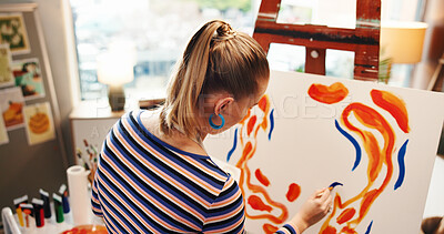 Buy stock photo Art, back and canvas with woman in studio apartment for creative expression or illustration hobby. Brush, paint and talent with artist in home for drawing or picture inspiration on easel from above