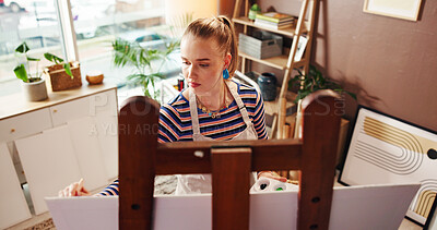 Buy stock photo Woman, artist and painting on canvas at house for abstract art, design process and create artwork. Above, female person and easel with sketch drawing, technique and DIY creation for creative project
