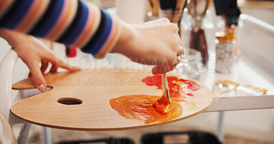 Buy stock photo Hands, paintbrush and palette with person in studio apartment for creative expression or illustration. Art, mixing acrylic and painting with talented artist in home for hobby, practice or skill