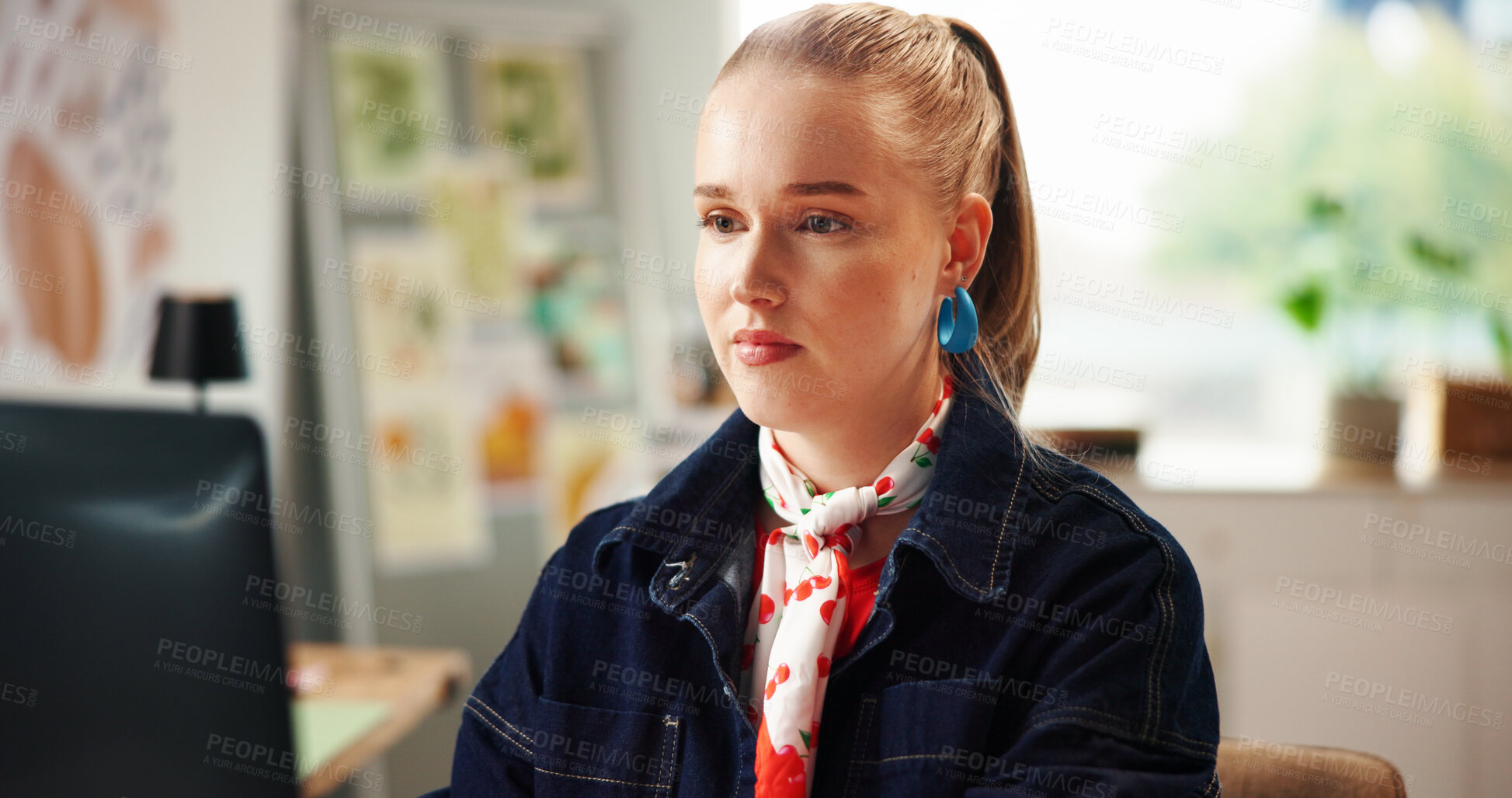 Buy stock photo Creative, employee and woman with laptop, office and design for brand identity on website or online. Digital, graphic designer and person with tech for logo, artist and assignment on app for business