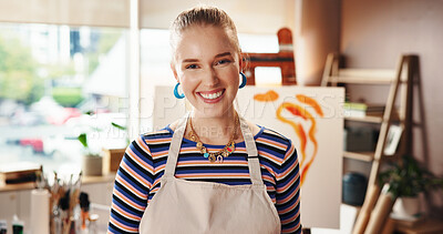 Buy stock photo Artist, happy and woman with portrait in home studio for painting process, abstract art or pride. Talent, painter and confidence with canvas for creative hobby, exhibition project and custom artwork