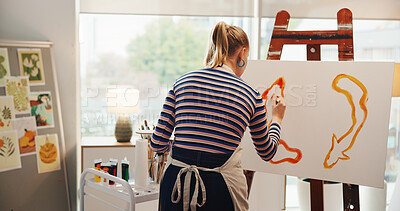 Buy stock photo Back, woman and artist painting on canvas for abstract art, design process and create artwork. Female person, easel and sketch drawing, crafts technique and diy creation for creative project at house