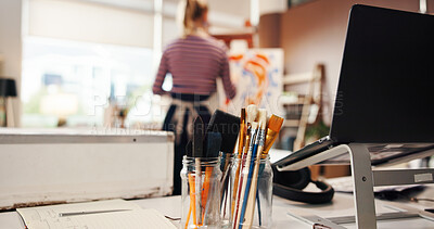 Buy stock photo Paint brush, paper and tools in studio for creativity, design and artwork development in home. Person, painter and artist with equipment, back and inspiration for talent with canvas at workshop