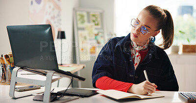 Buy stock photo Laptop, woman and writing with notebook for graphic design, planning or idea inspiration. Freelancer, remote work and creative person with schedule for project draft, reminder and diary in home