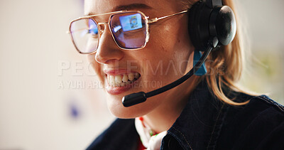 Buy stock photo Happy woman, headset and agent with mic for online communication or advice in home. Female person, consultant or smile in remote work with glasses for telecommunications, help or virtual assistance