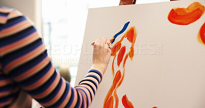 Buy stock photo Hands, painter and canvas with artwork in studio, color and stroke with creative process for design. Person, artist and brush with talent, inspiration and tools for abstract project at workshop