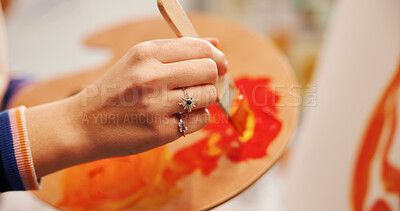 Buy stock photo Hands, paintbrush and palette with painter in studio apartment for creative expression or illustration. Artist, mixing watercolor and paint with talented person in home for hobby, practice or skill