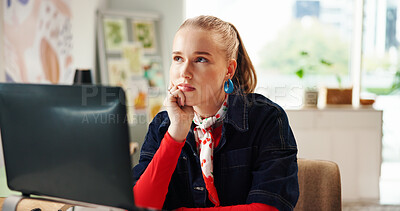 Buy stock photo Thinking, woman and laptop at house for planning, research and feedback on article. Thoughts, female journalist and pc with story ideas, proofreading blog and problem solving for publication choice