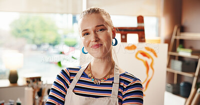 Buy stock photo Painter, smile and woman with portrait in home studio for art creation, craft activity and pride. Painting process, female artist and happy with artwork for creative hobby, self expression and talent