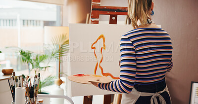Buy stock photo Art, back and painting with woman in studio apartment for creative expression or illustration hobby. Easel, palette and talent with painter in home for drawing, inspiration or picture on canvas