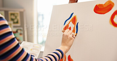 Buy stock photo Art, canvas and hand of painter in studio apartment for creative expression, skill or talent. Acrylic, easel and picture with woman artist painting in home for design hobby, practice or recreation