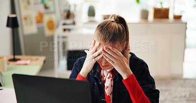 Buy stock photo Headache, laptop and tired with business woman for stress, graphic designer and project deadline. Burnout, fatigue or error with frustrated person in creative agency for online mistake and overworked